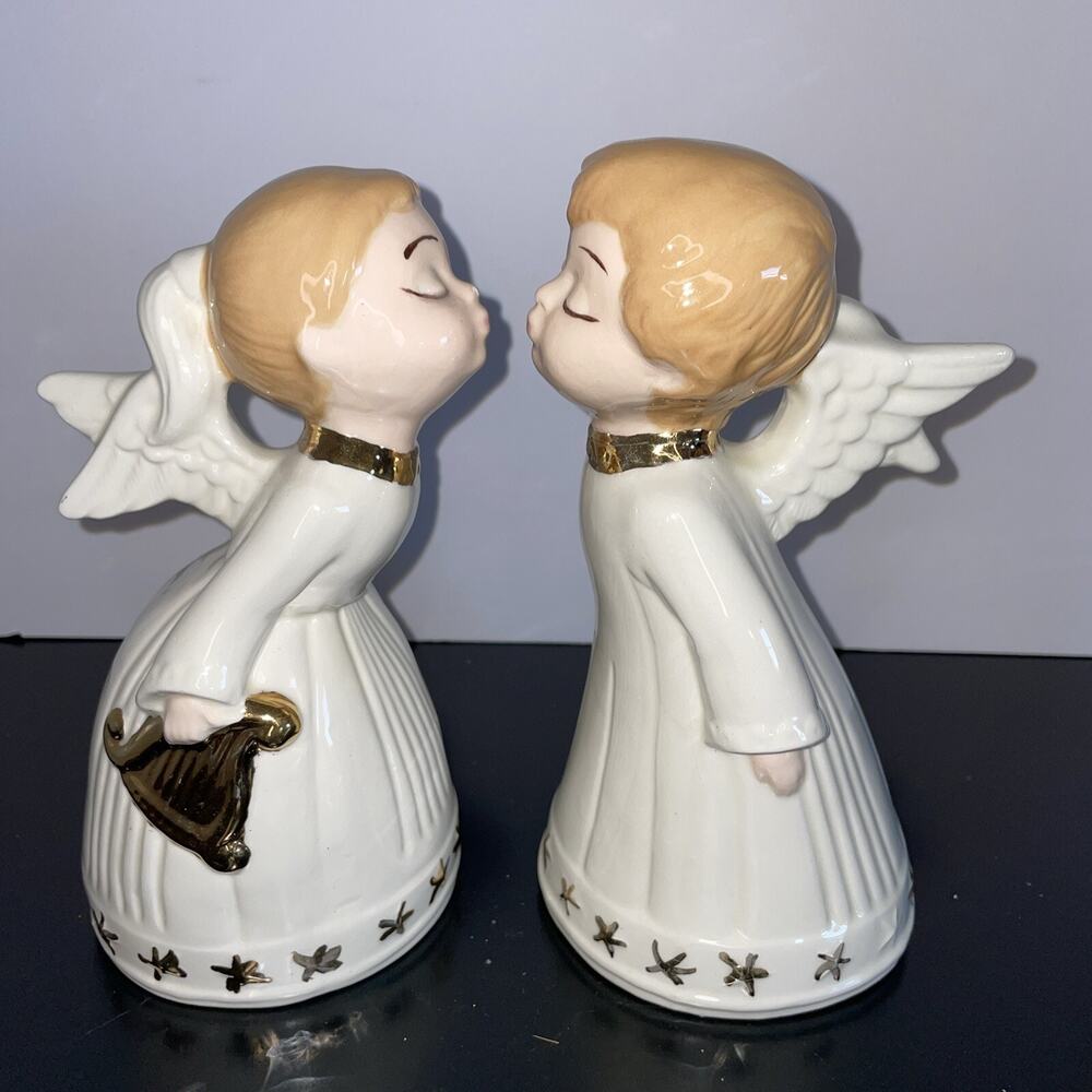 Kissing Ceramic Angels Boy & Girl Hand Painted White & Gold Signed 1987 VNTG 8”
